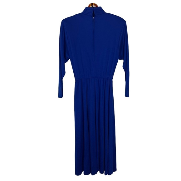 Vintage blue mock neck belted midi dress long sleeve cobalt blue electric size M - Picture 5 of 6